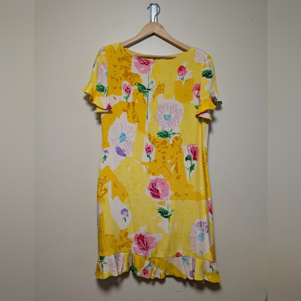 Anthony Vask Silk Floral Dress Yellow Pink Ruffle Hem USA 12